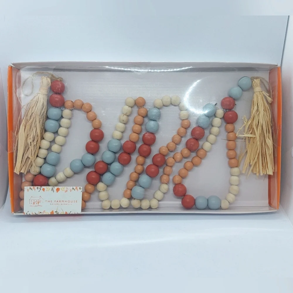 Rachel Ashwell The Farmhouse Wooden Beads Jute Straw Tassels 6 Foot Garland Fall